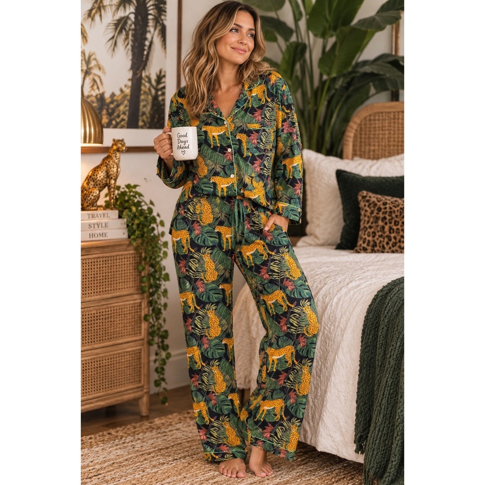 Cheetah Jungle Pajama Set Tropical Maximalist 100% Cotton PJs Lounge Boho Sz L